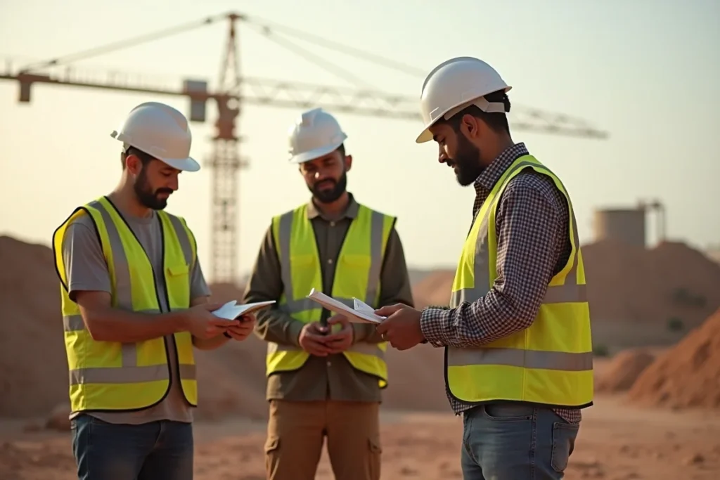صورة لفريق عمل مهندسين وفنيين أثناء العمل في موقع بناء.
