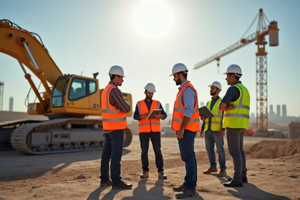 صورة لفريق عمل مهندسين وفنيين أثناء العمل.